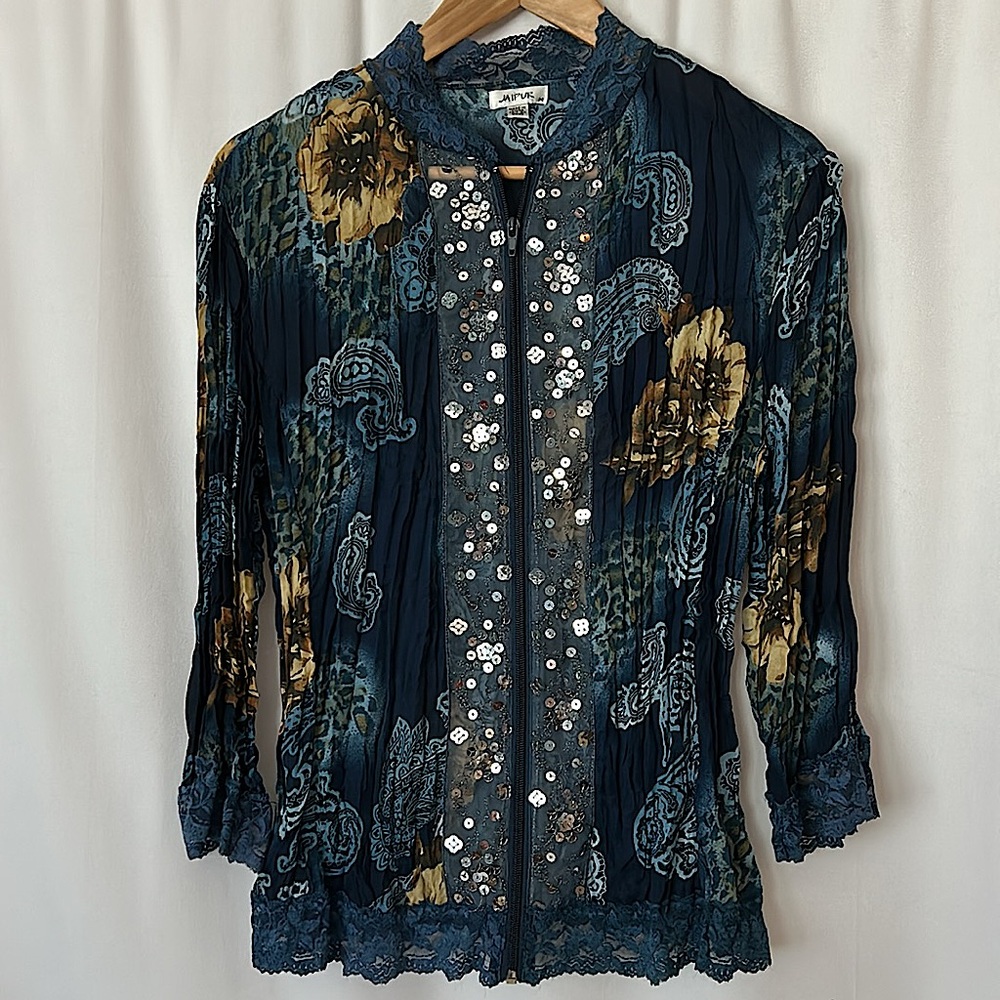 Jaipur Blue Lace Floral Sequins Zip Front 3/4 Sleeve Shirt Top **Size M** 🌺🌺